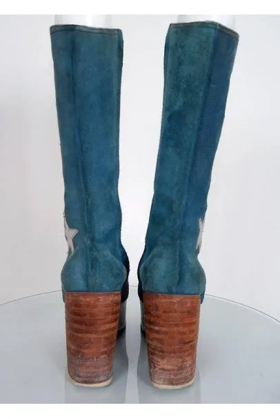 1970's Turquoise-Blue Suede & Silver Leather Novelty Glam-Rock Platform Boots