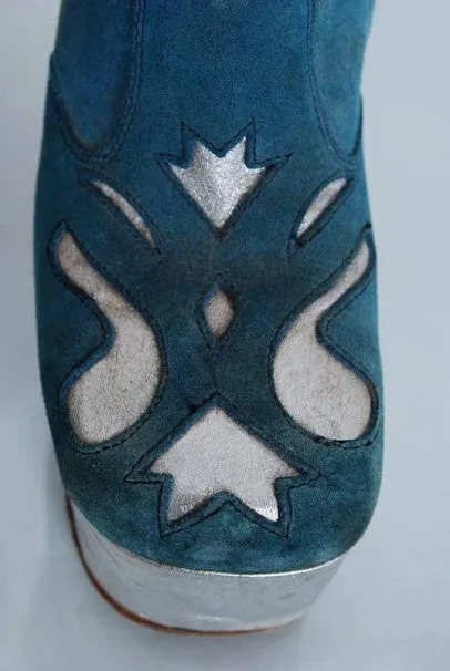 1970's Turquoise-Blue Suede & Silver Leather Novelty Glam-Rock Platform Boots