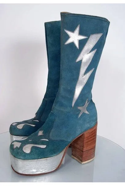 1970's Turquoise-Blue Suede & Silver Leather Novelty Glam-Rock Platform Boots