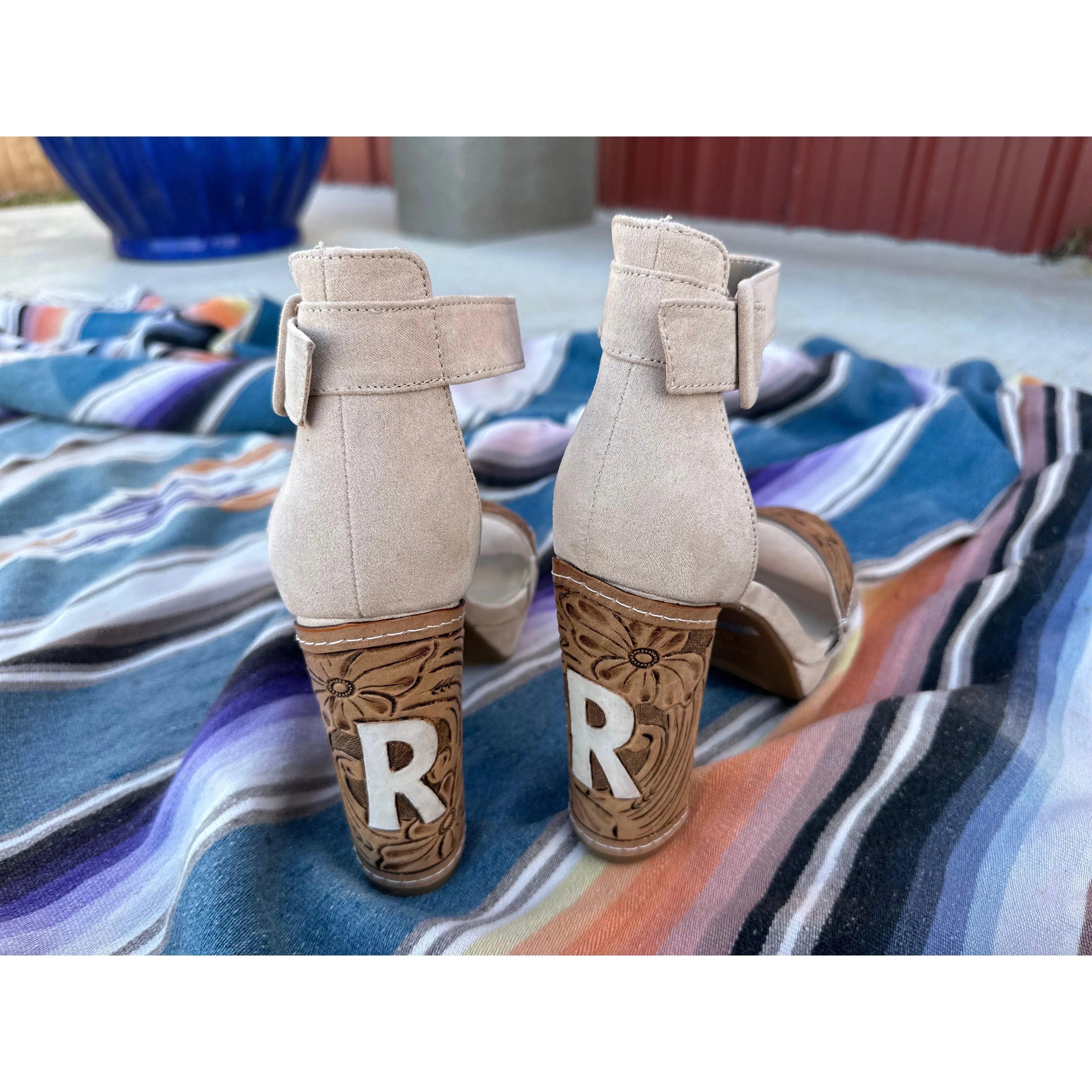 5 inch Tooled Heels with Initials- Tan