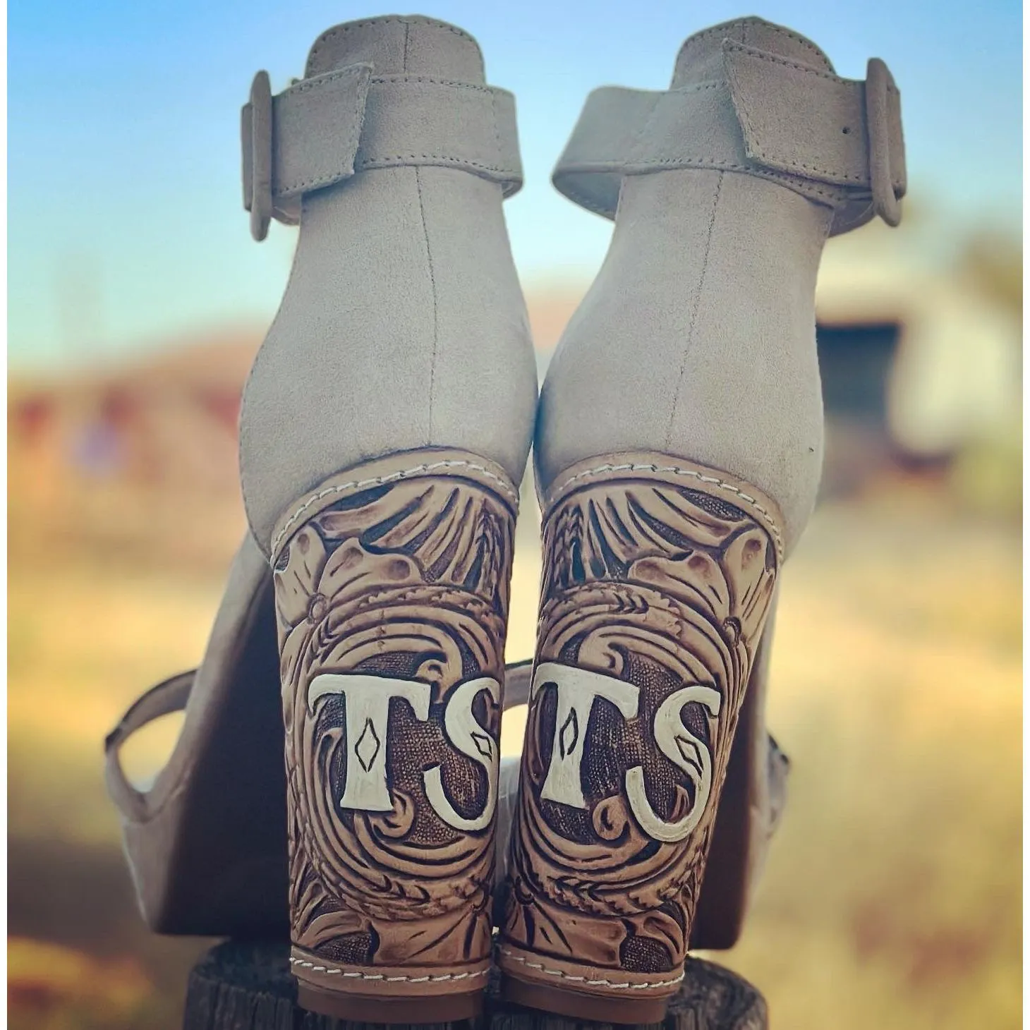 5 inch Tooled Heels with Initials- Tan