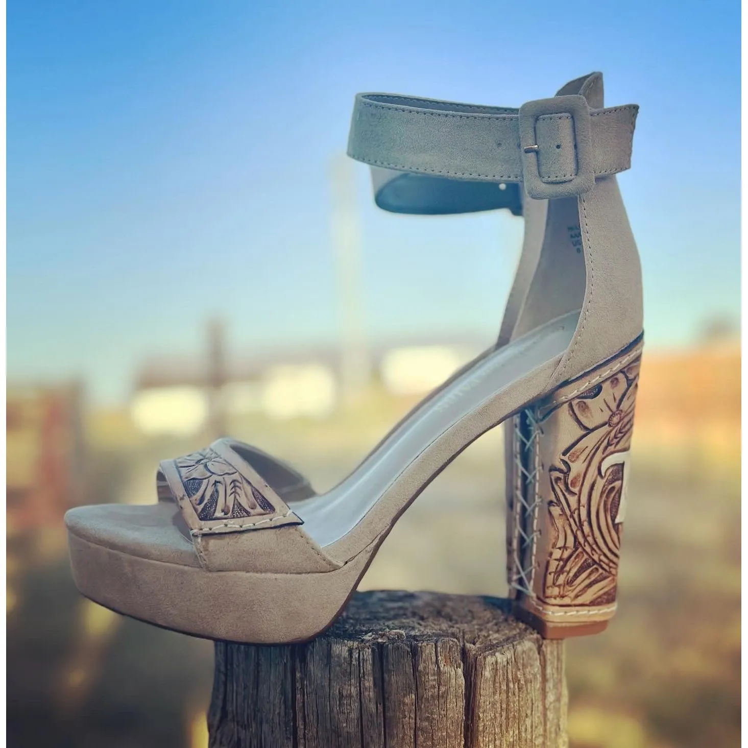 5 inch Tooled Heels with Initials- Tan