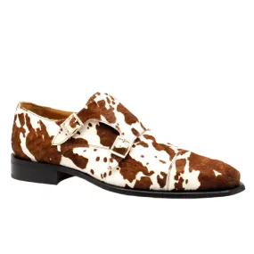 Ambrogio 40415-A147 Men's Shoes Cream & Brown Pony Print Monk-Straps Loafers (AMBX1007)