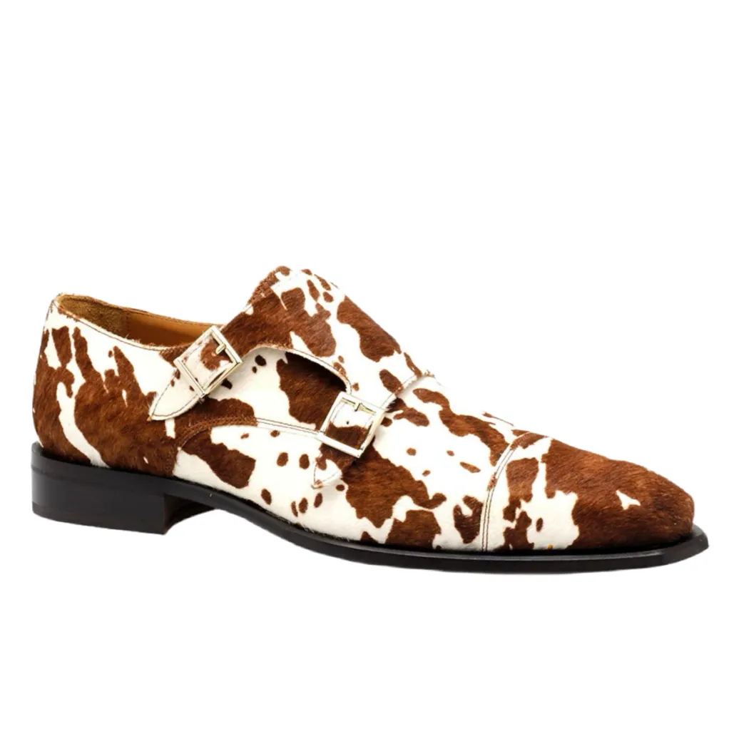 Ambrogio 40415-A147 Men's Shoes Cream & Brown Pony Print Monk-Straps Loafers (AMBX1007)