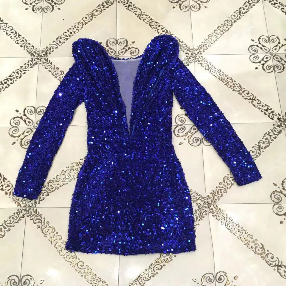 ARIEL Round Neck Long Sleeve Sequined Mini Bodycon Dress