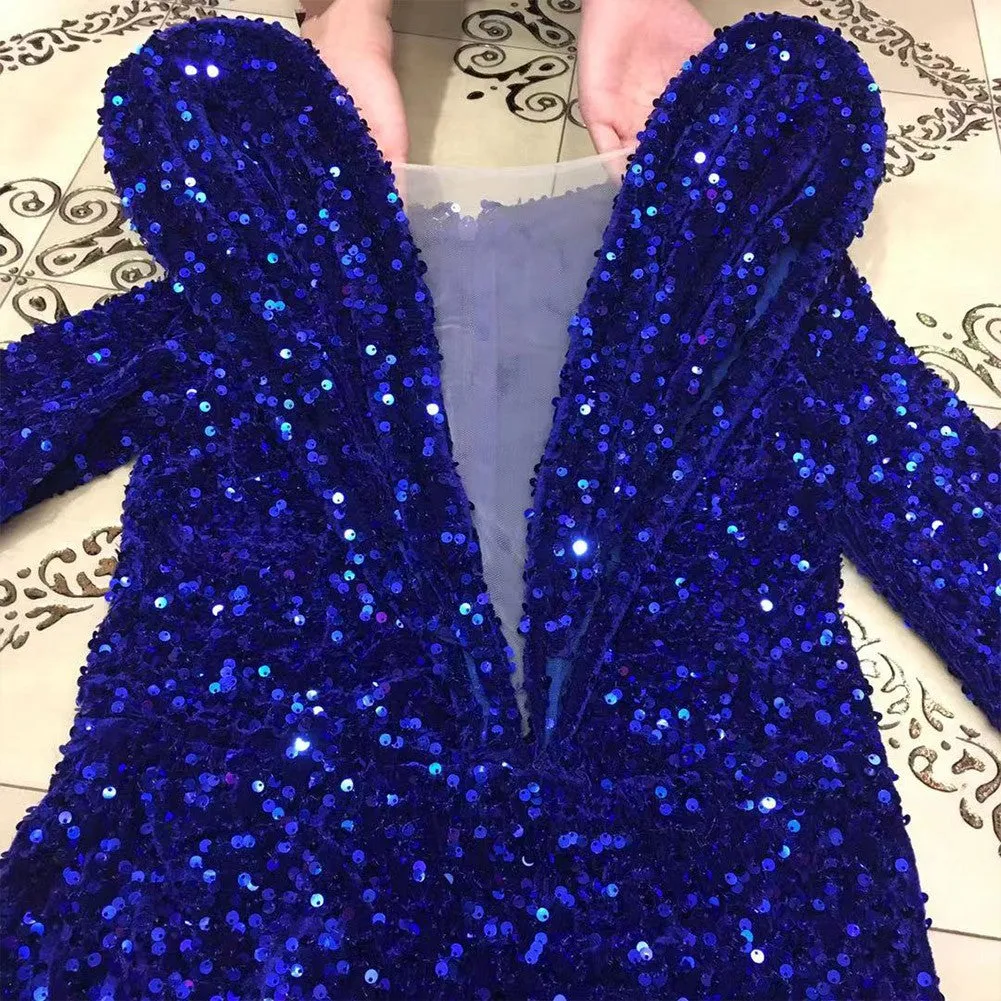 ARIEL Round Neck Long Sleeve Sequined Mini Bodycon Dress