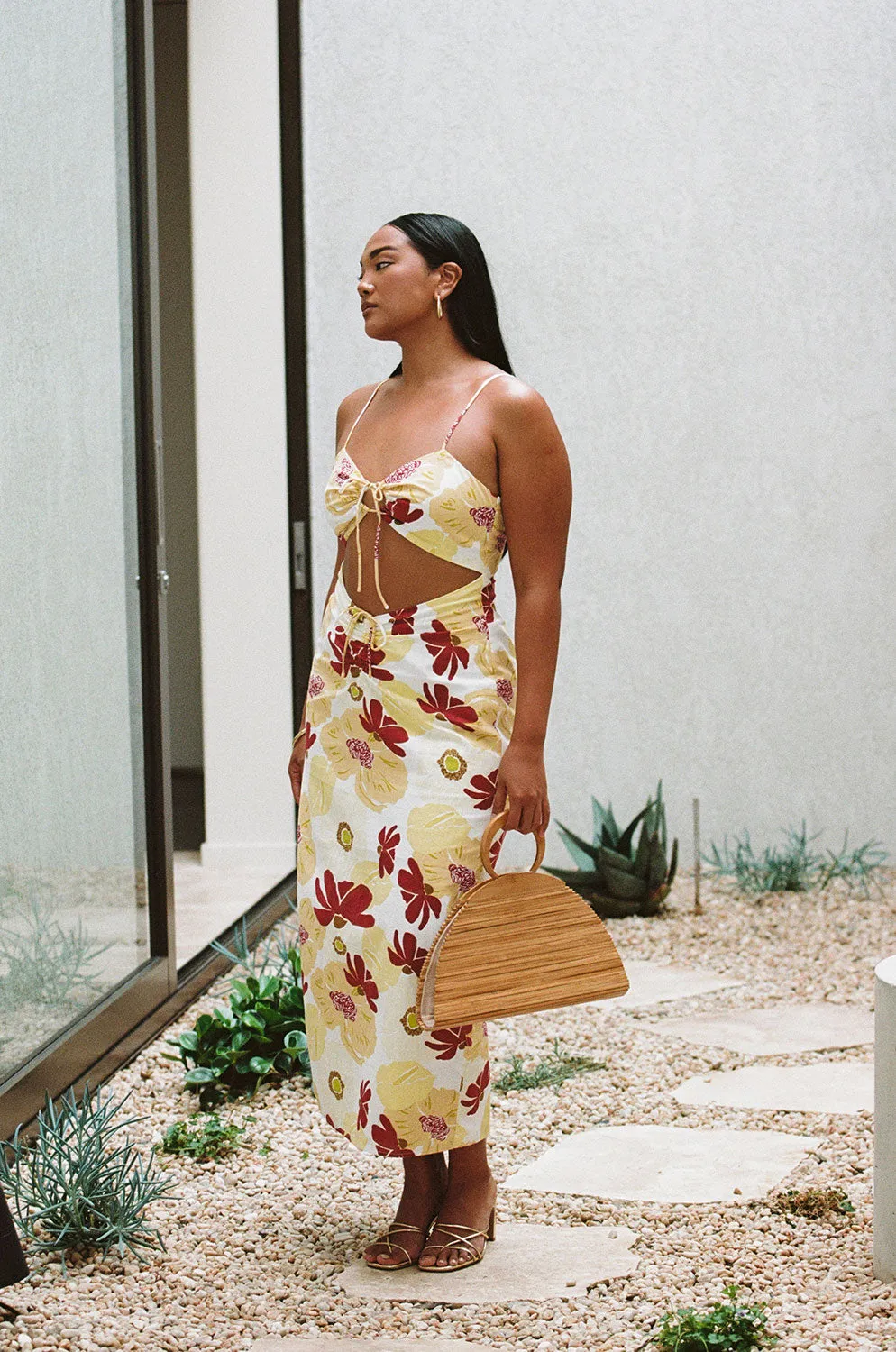 Dusk Lily Aster Cutout Midi Dress - Elegant Floral Design