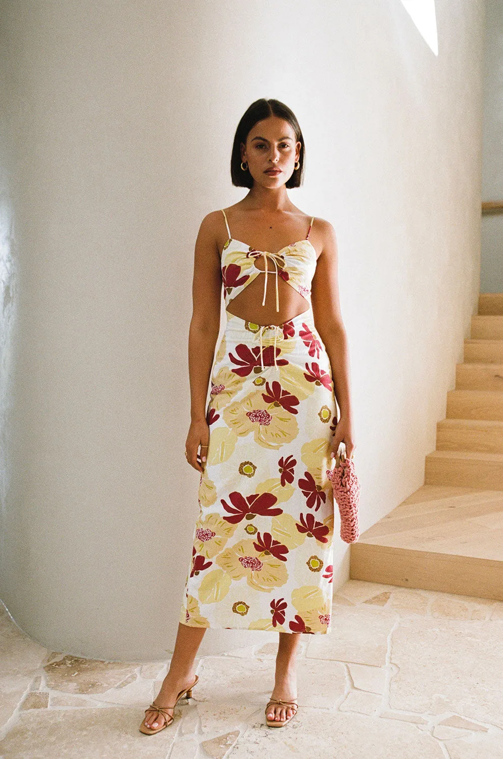 Dusk Lily Aster Cutout Midi Dress - Elegant Floral Design