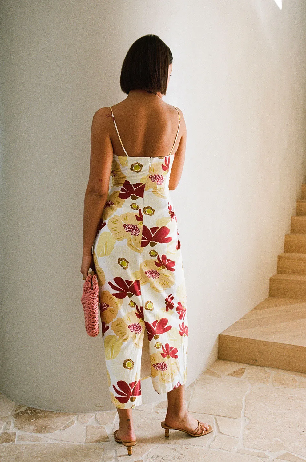 Dusk Lily Aster Cutout Midi Dress - Elegant Floral Design