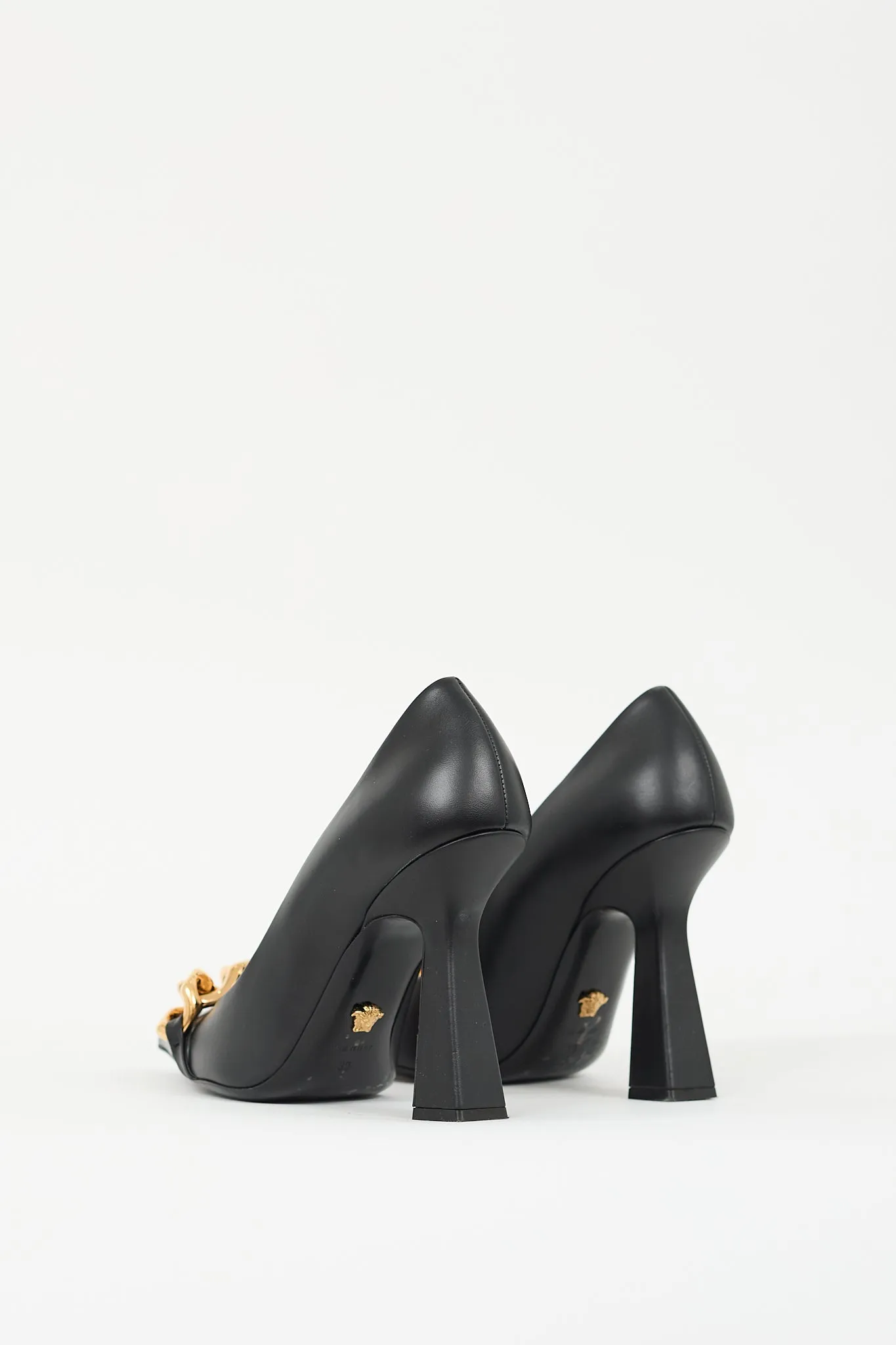 Black Leather & Chain Embellished Pump