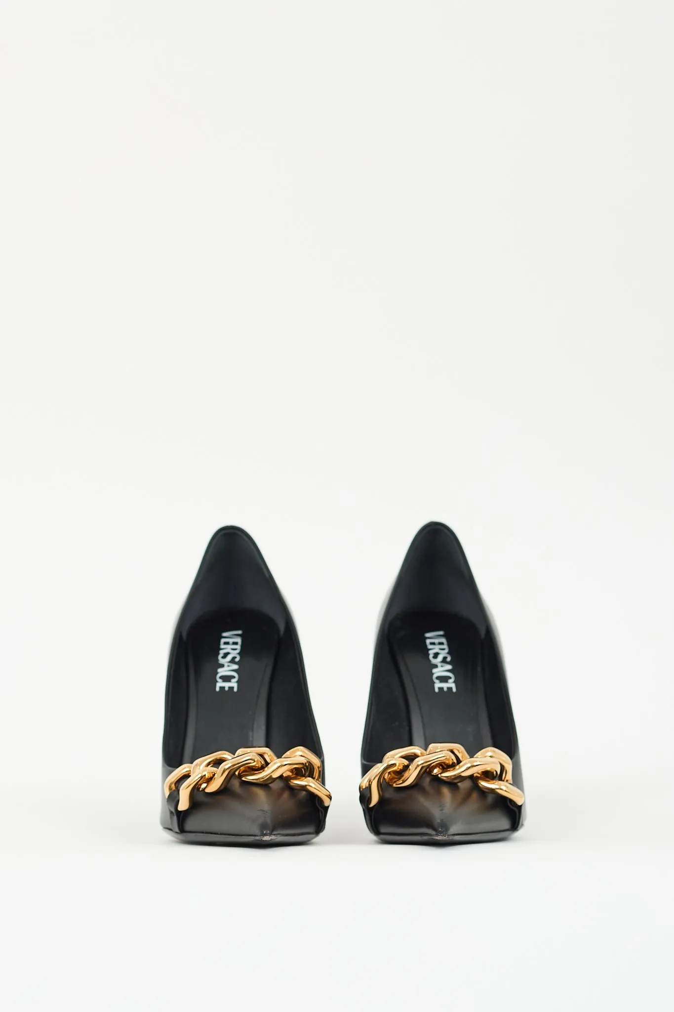 Black Leather & Chain Embellished Pump