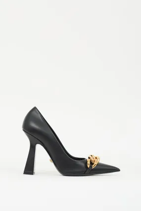 Black Leather & Chain Embellished Pump