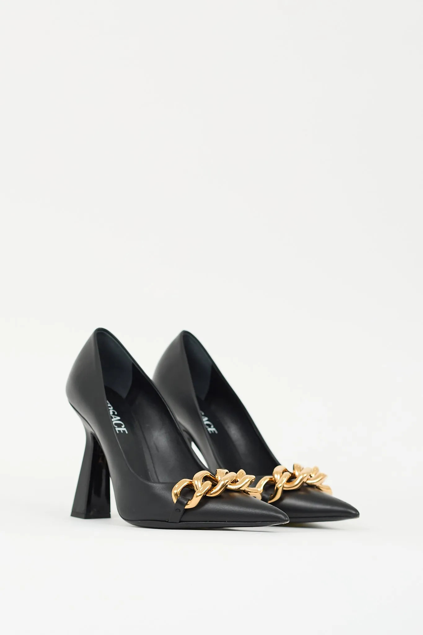 Black Leather & Chain Embellished Pump