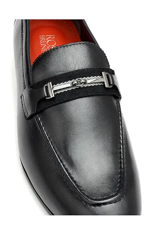 Black Plain Leather Loafers With Metal Clip