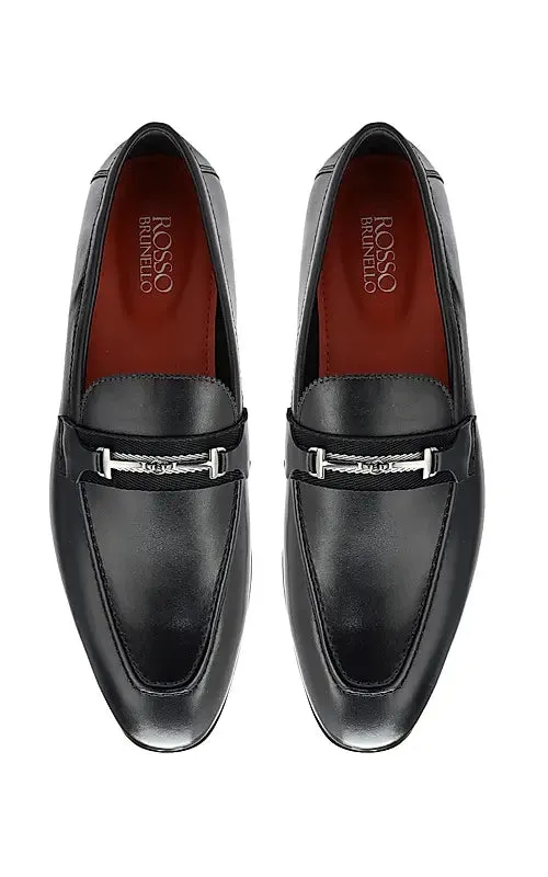 Black Plain Leather Loafers With Metal Clip