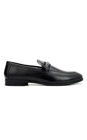 Black Plain Leather Loafers With Metal Clip