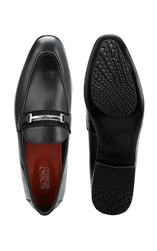 Black Plain Leather Loafers With Metal Clip