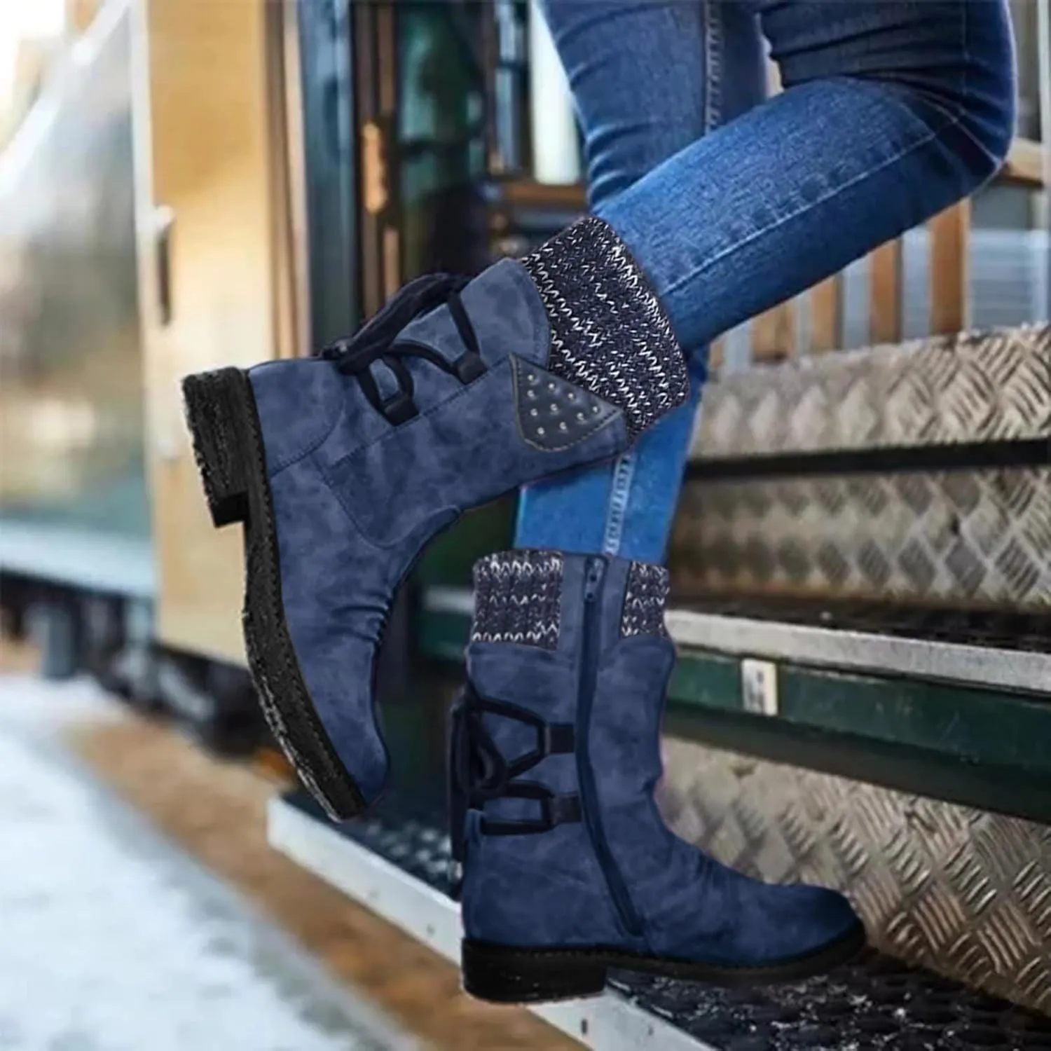 Boots for Women, Low Heel Trendy Winter Mid Calf Side Zip Western Platform Hiking Booties Warm Non Slip Outdoor Shoes