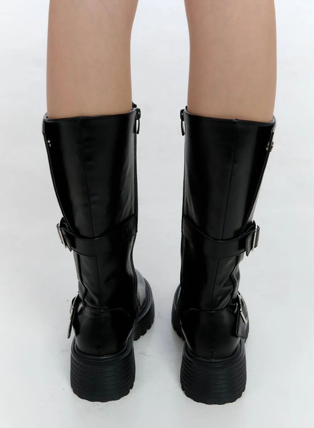 Buckle Detail Mid-Calf Chunky Ankle Boots CN421