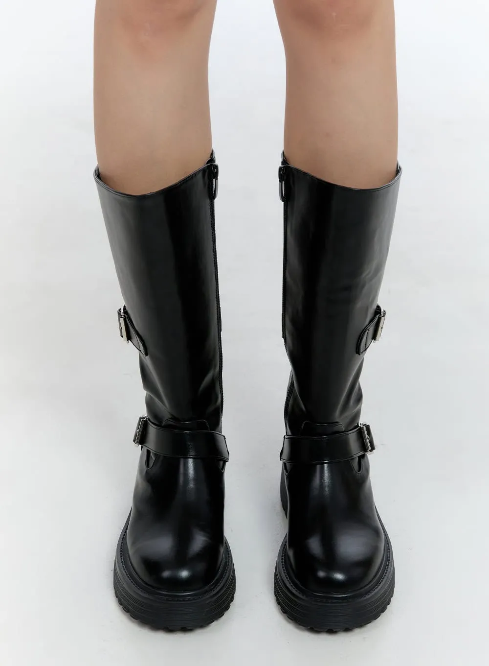Buckle Detail Mid-Calf Chunky Ankle Boots CN421