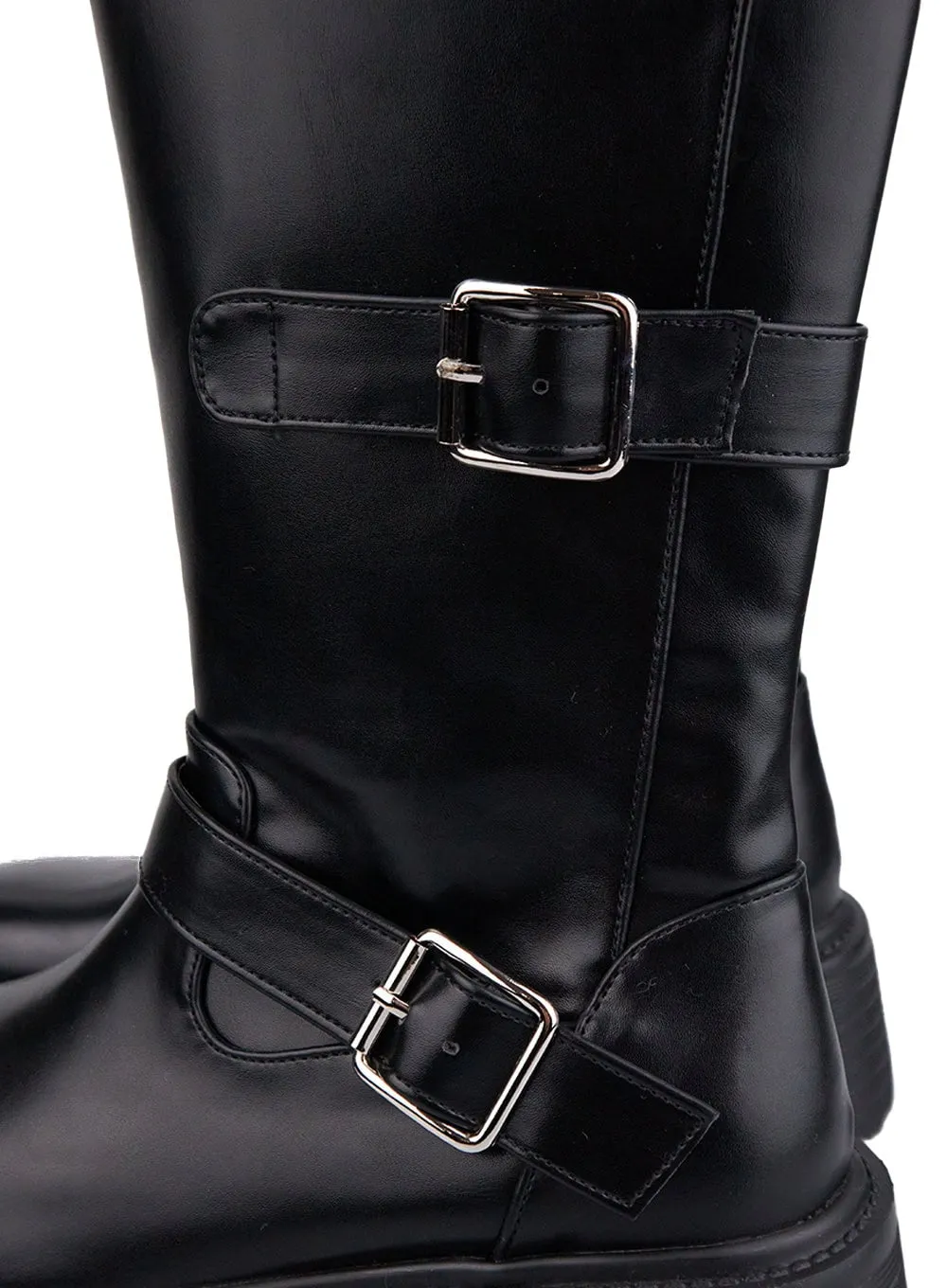 Buckle Detail Mid-Calf Chunky Ankle Boots CN421