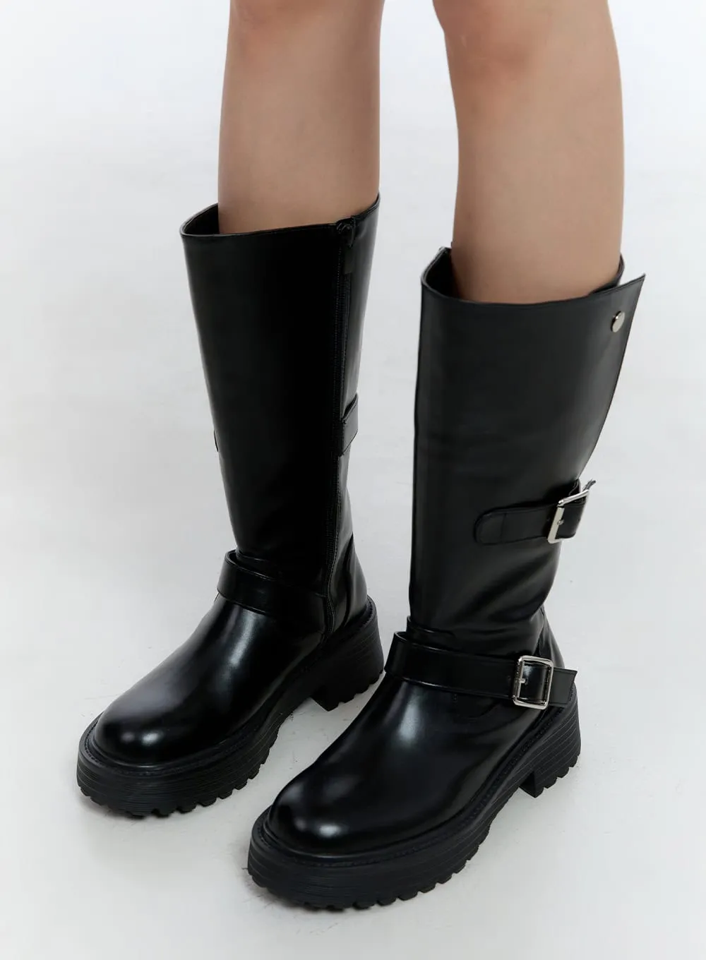 Buckle Detail Mid-Calf Chunky Ankle Boots CN421