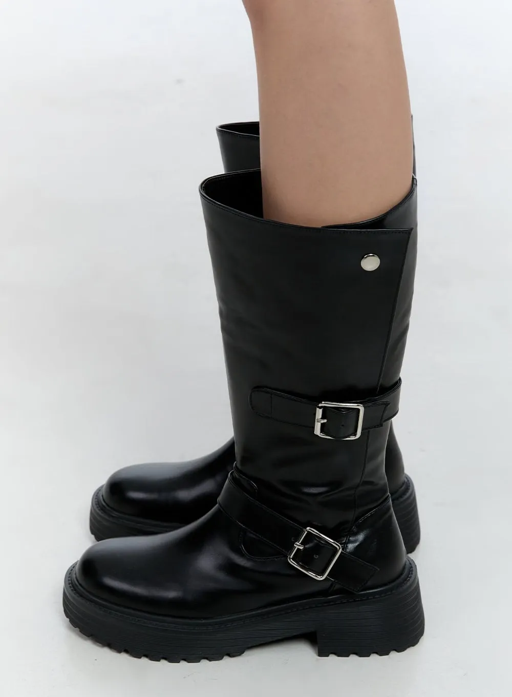 Buckle Detail Mid-Calf Chunky Ankle Boots CN421