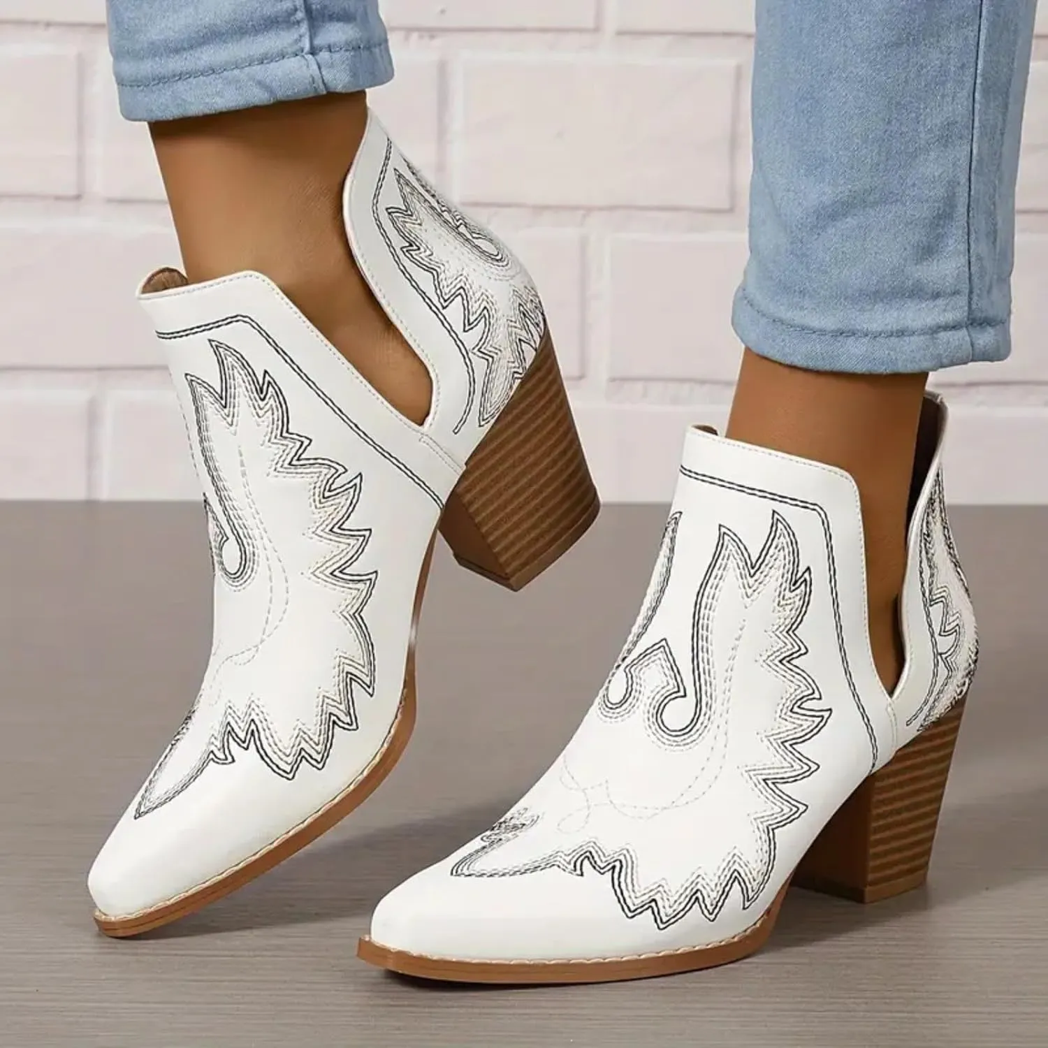 Cathalem Cowboy Boots for Women 2024 Cowgirl Ankle Western Embroidered Stitched Pointed Toe Cutout Chunky Heels Short Booties