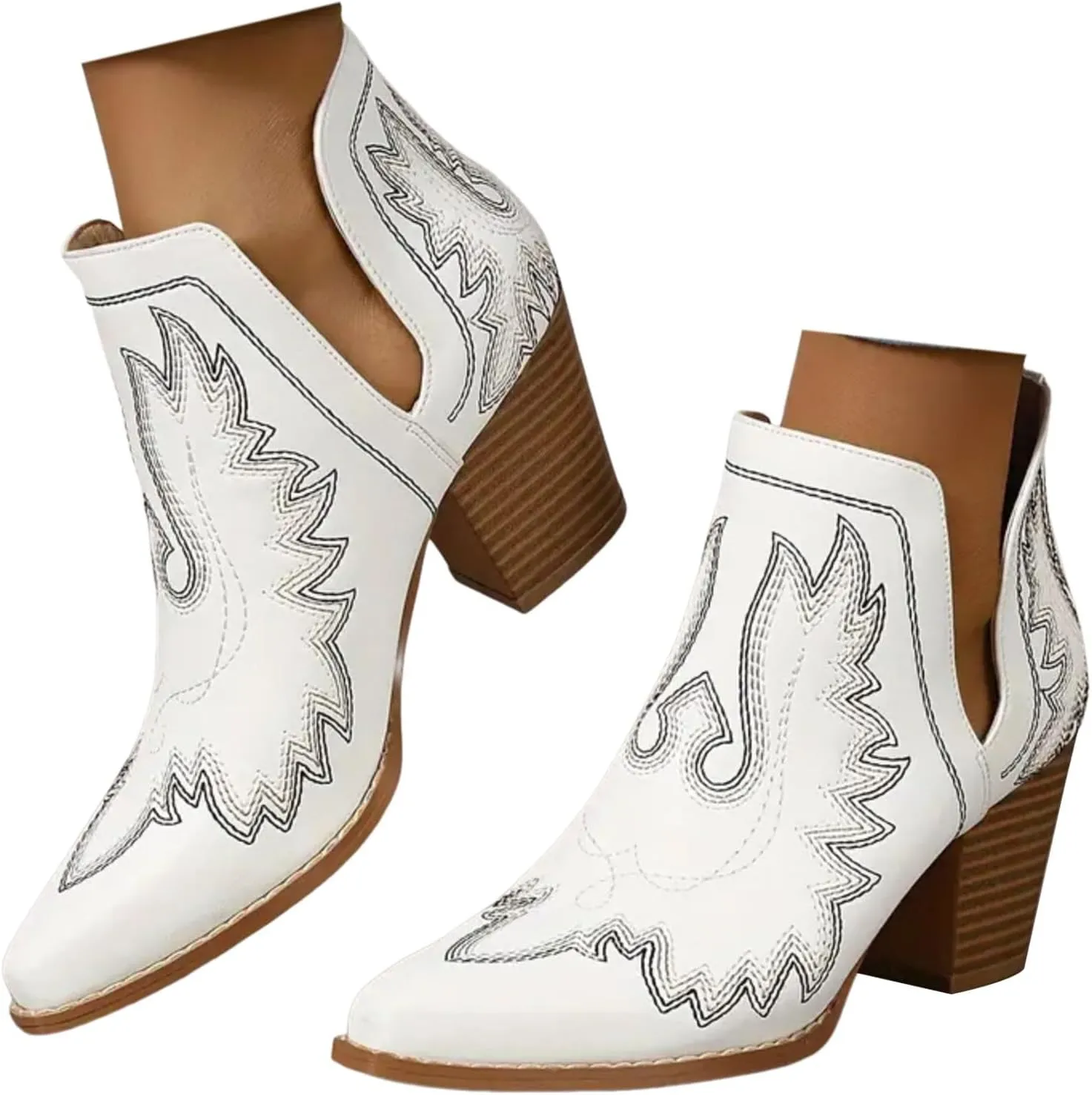 Cathalem Cowboy Boots for Women 2024 Cowgirl Ankle Western Embroidered Stitched Pointed Toe Cutout Chunky Heels Short Booties