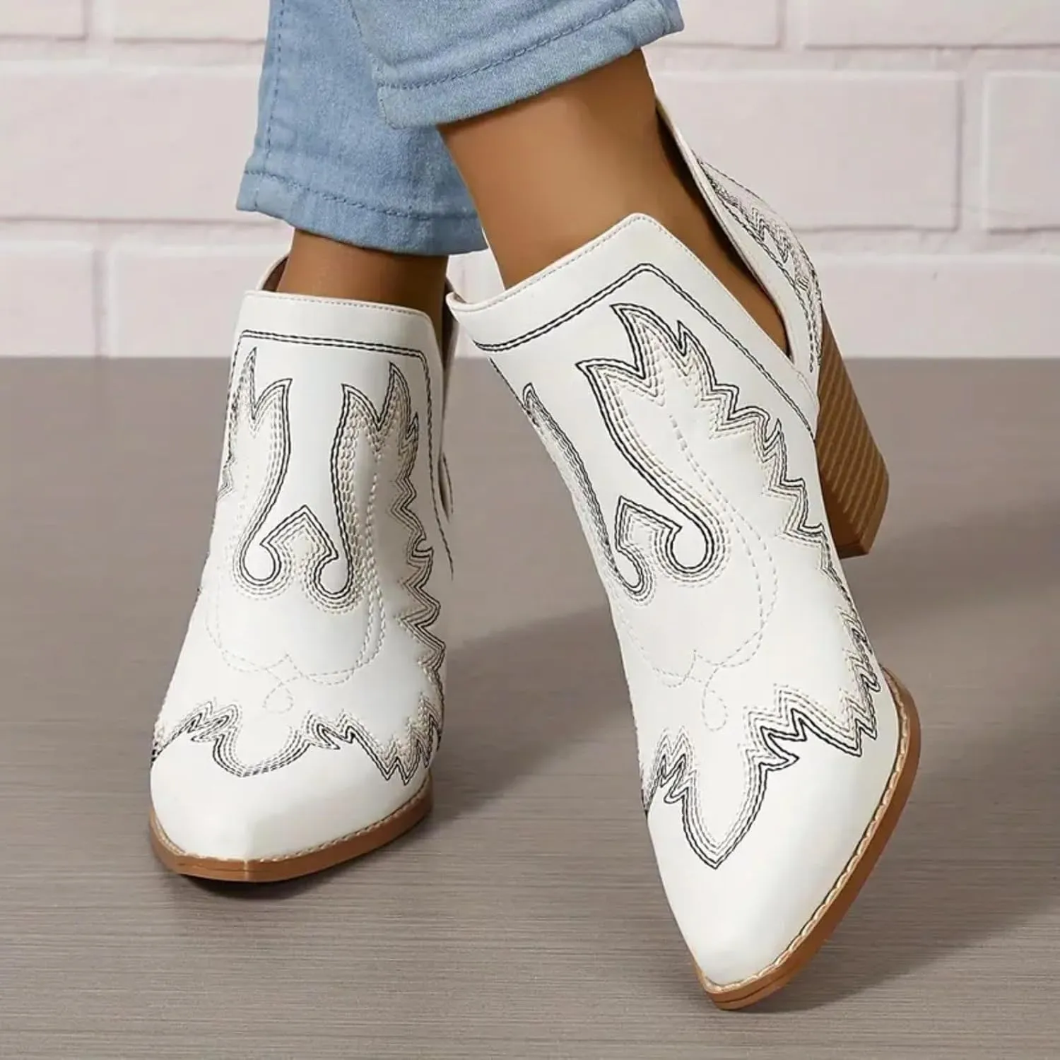 Cathalem Cowboy Boots for Women 2024 Cowgirl Ankle Western Embroidered Stitched Pointed Toe Cutout Chunky Heels Short Booties