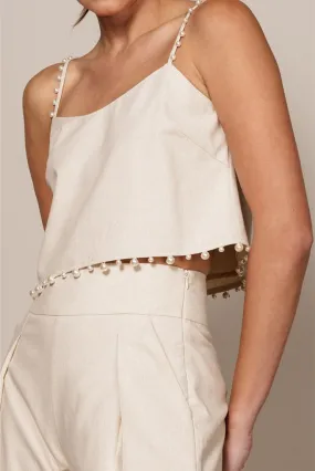 Charlie Linen Pearl Trimmed Crop Top - Ivory