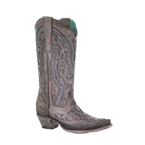 Corral Ladies Brown Grey Inlay & Studs Snip Toe Boots E1569