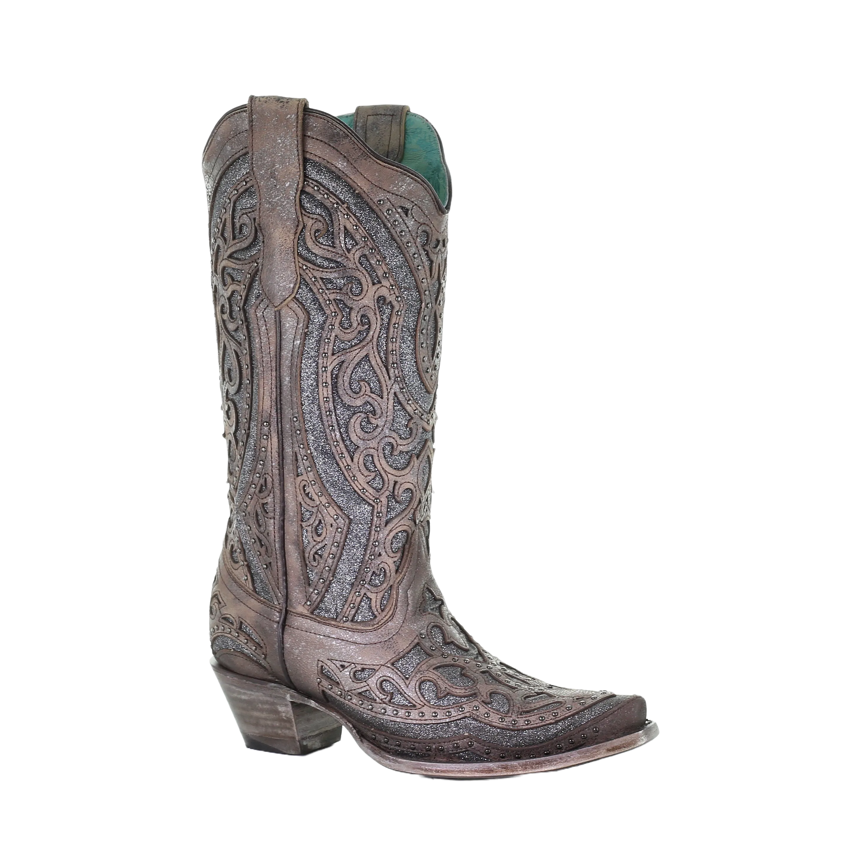 Corral Ladies Brown Grey Inlay & Studs Snip Toe Boots E1569