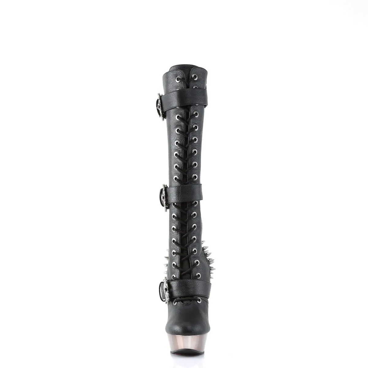 MUERTO-2028 Demonia - Black Vegan Leather and Chrome Knee-High Boots