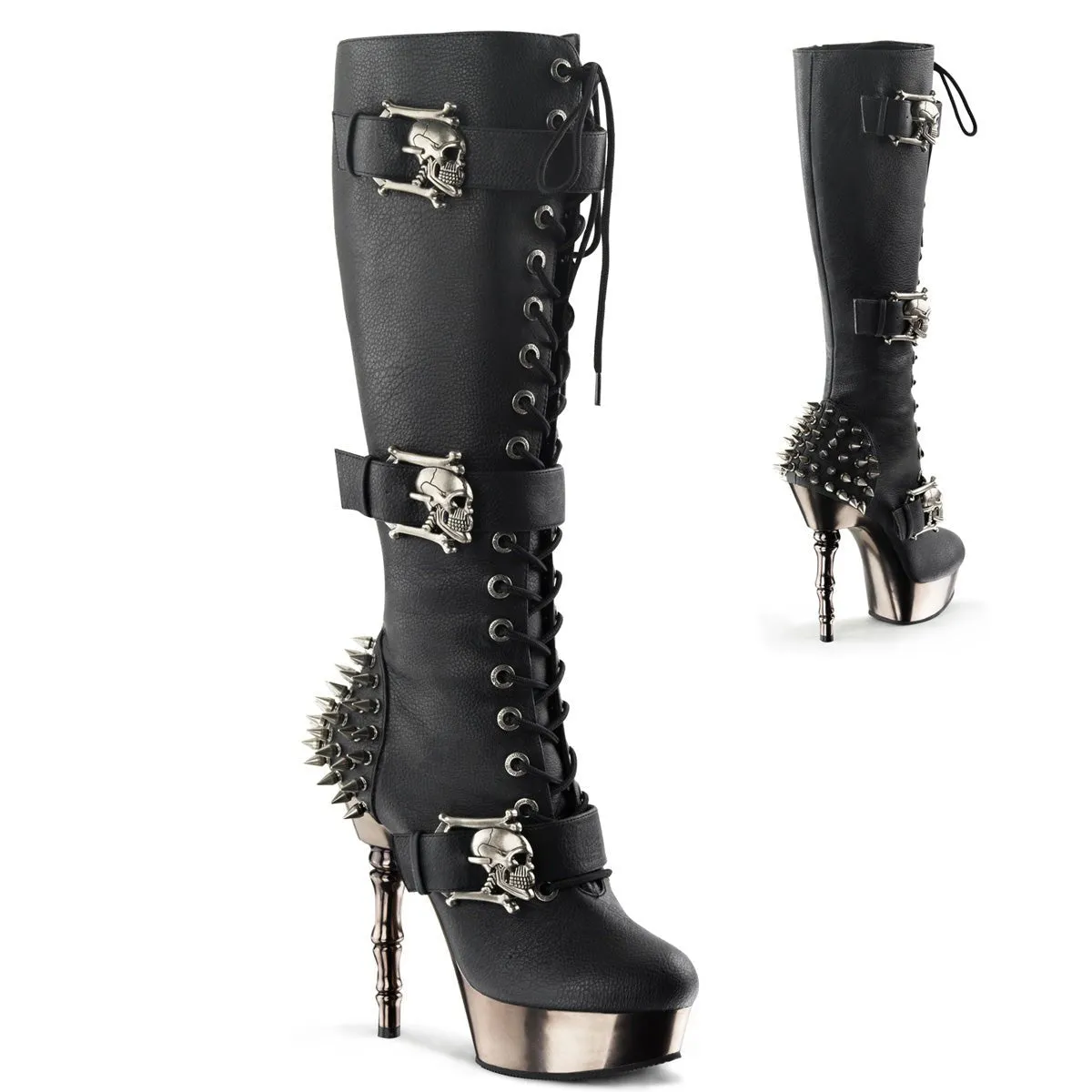 MUERTO-2028 Demonia - Black Vegan Leather and Chrome Knee-High Boots