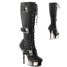 MUERTO-2028 Demonia - Black Vegan Leather and Chrome Knee-High Boots