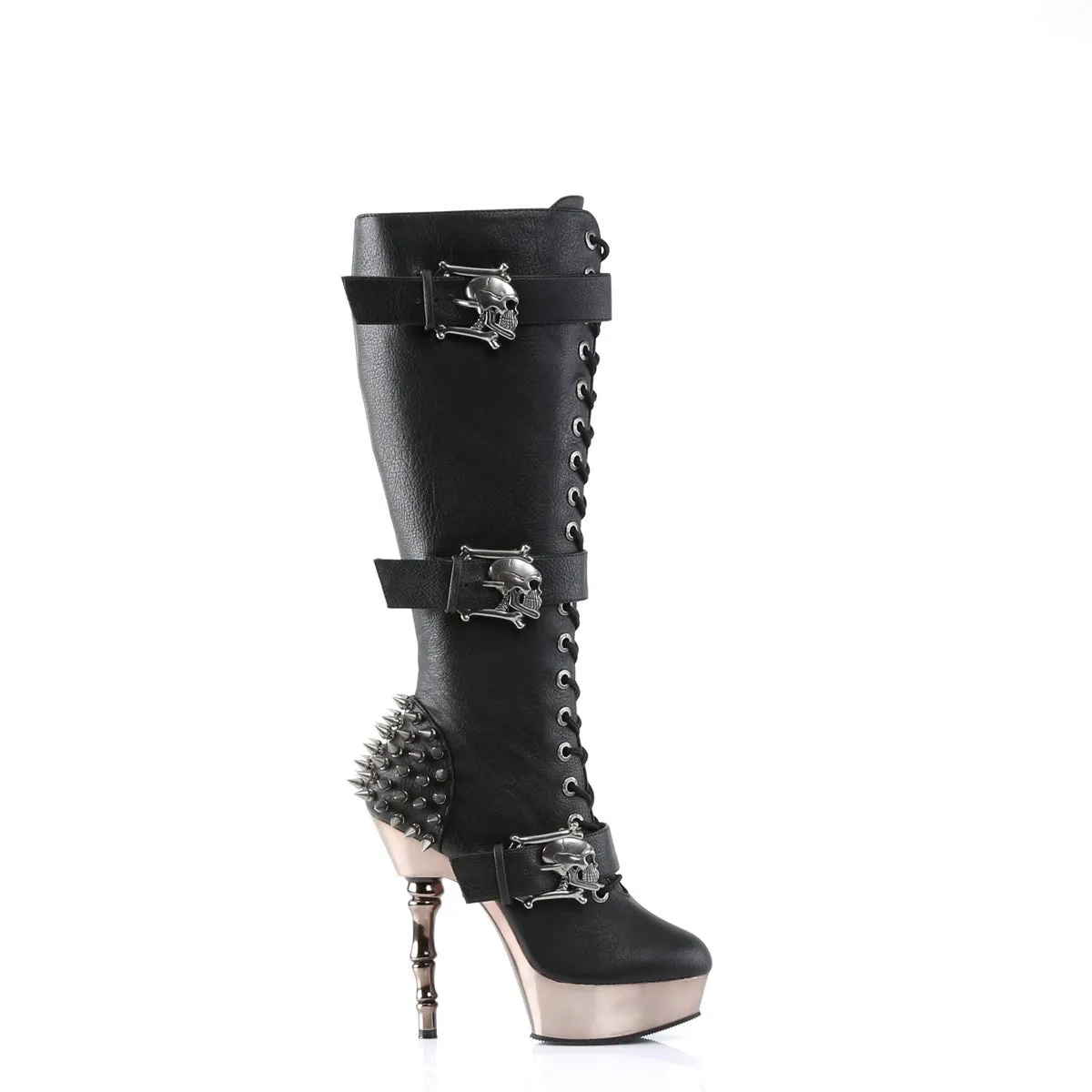 MUERTO-2028 Demonia - Black Vegan Leather and Chrome Knee-High Boots