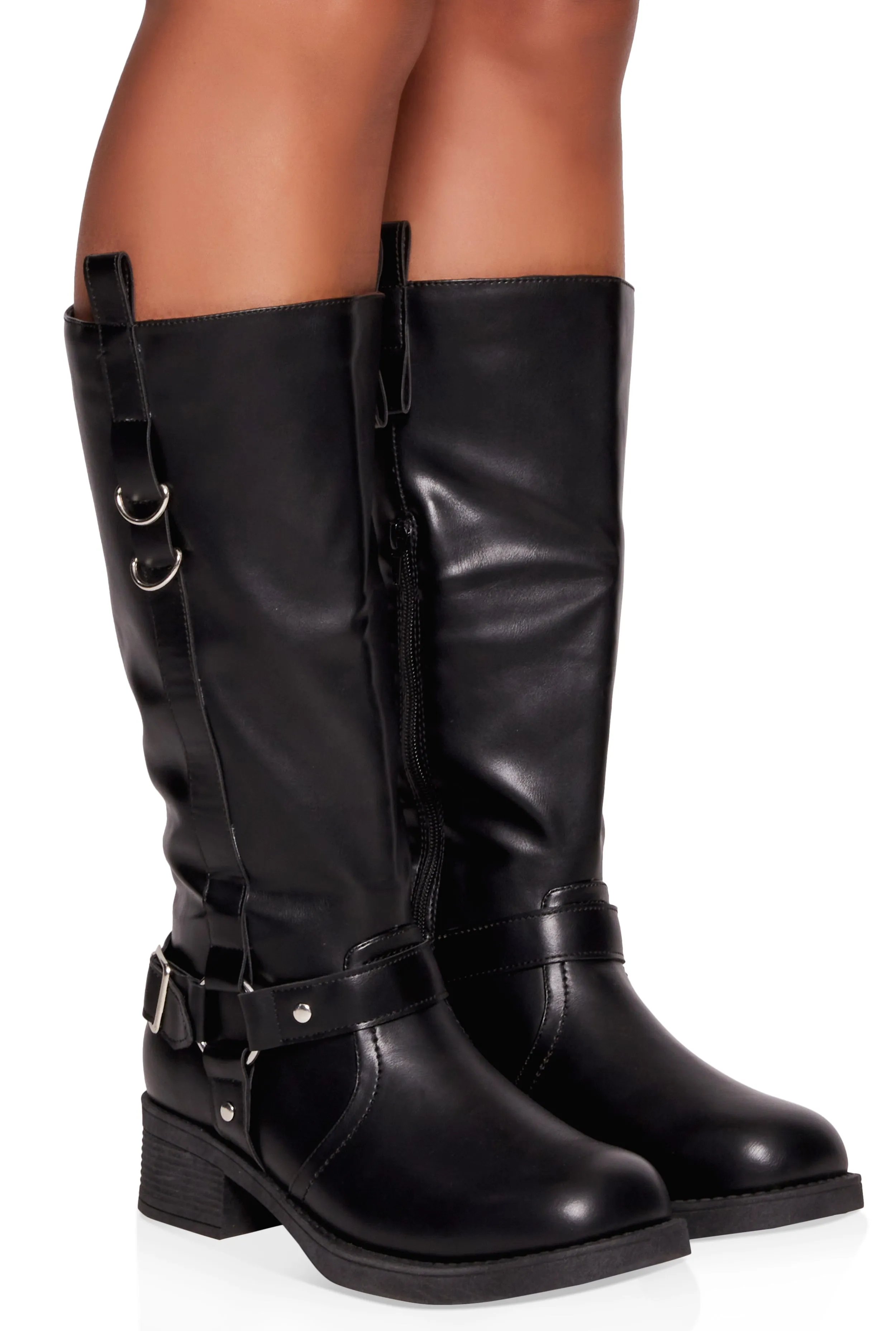 Faux Leather Buckle Detail Moto Boots