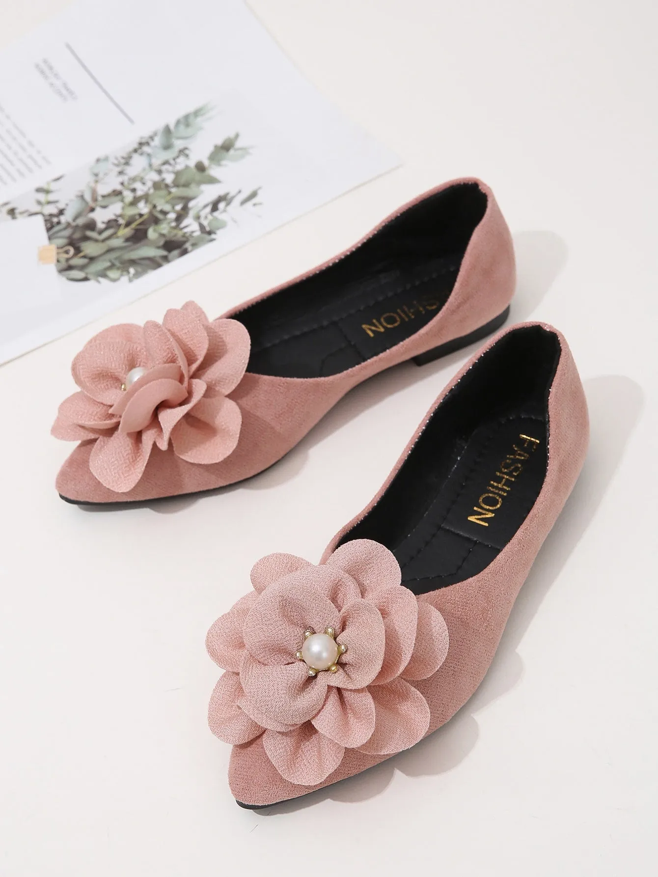Faux Suede Flower Decor Point Toe Ballet Flats