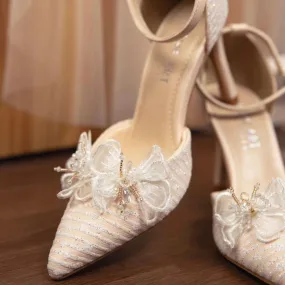 Handmade women lace pointed-toe pumps
