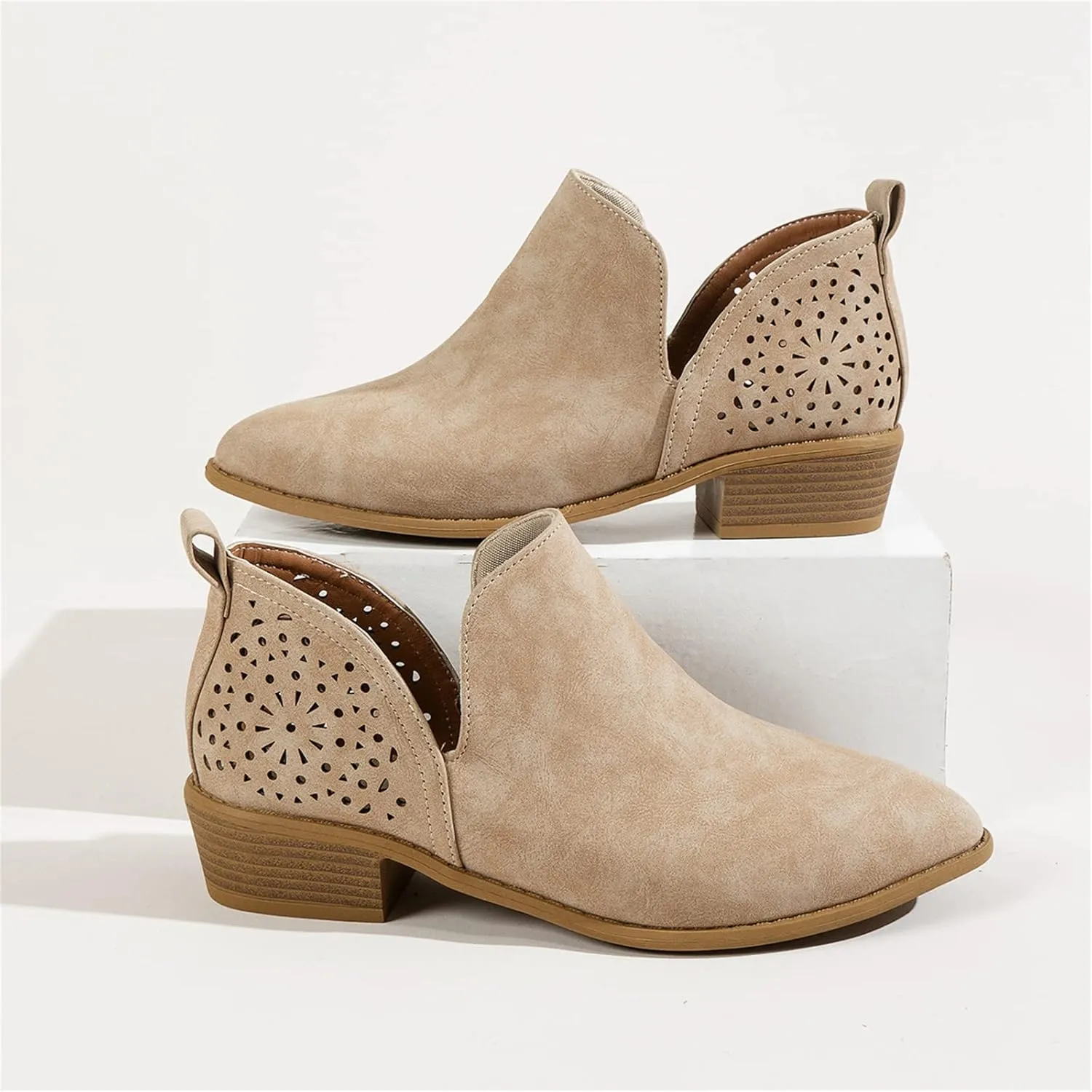 Lausiuoe Boots For Women Ankle Booties Low Heel Cut Out Stacked Chunky Block Casual Dressy Fashion Slip on Ankle Boots