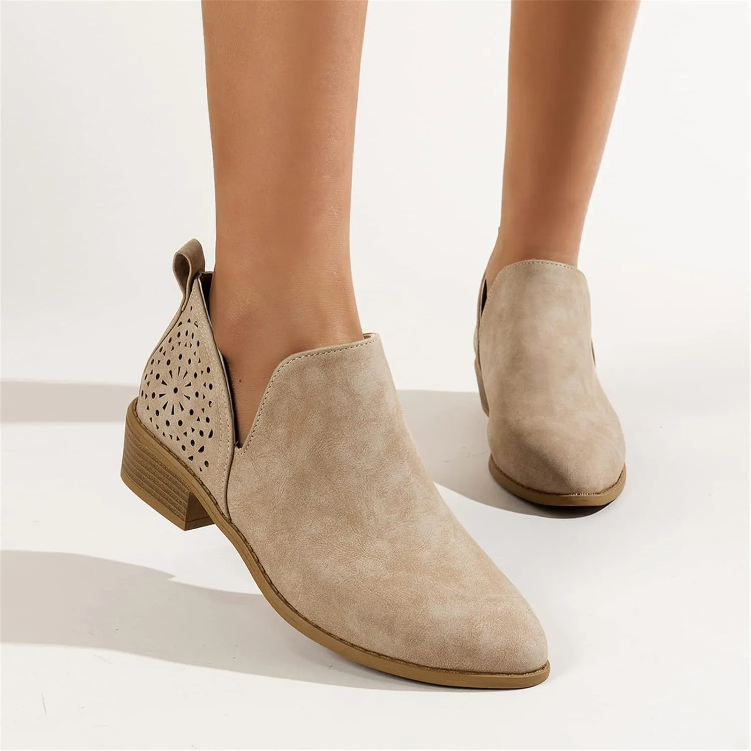 Lausiuoe Boots For Women Ankle Booties Low Heel Cut Out Stacked Chunky Block Casual Dressy Fashion Slip on Ankle Boots