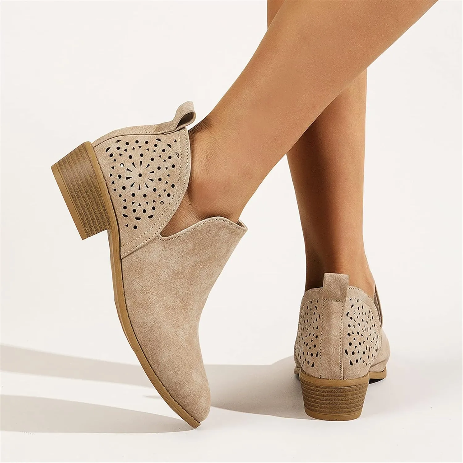 Lausiuoe Boots For Women Ankle Booties Low Heel Cut Out Stacked Chunky Block Casual Dressy Fashion Slip on Ankle Boots