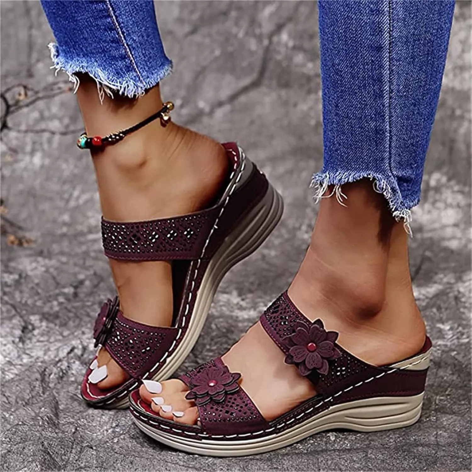 Lausiuoe Orthopedic Sandals For Women Dressy Comfortable Arch Support Orthotic Flip Flops Low Wedge Casual Summer Slides
