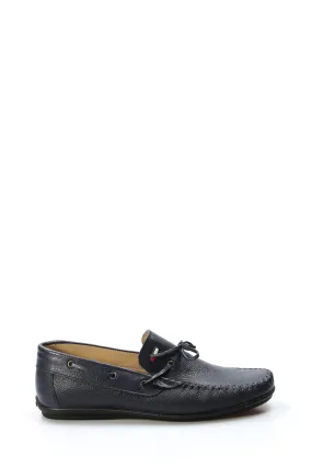 Men's Navy Leather Slip-On Loafers with Lace Detail - Wessi