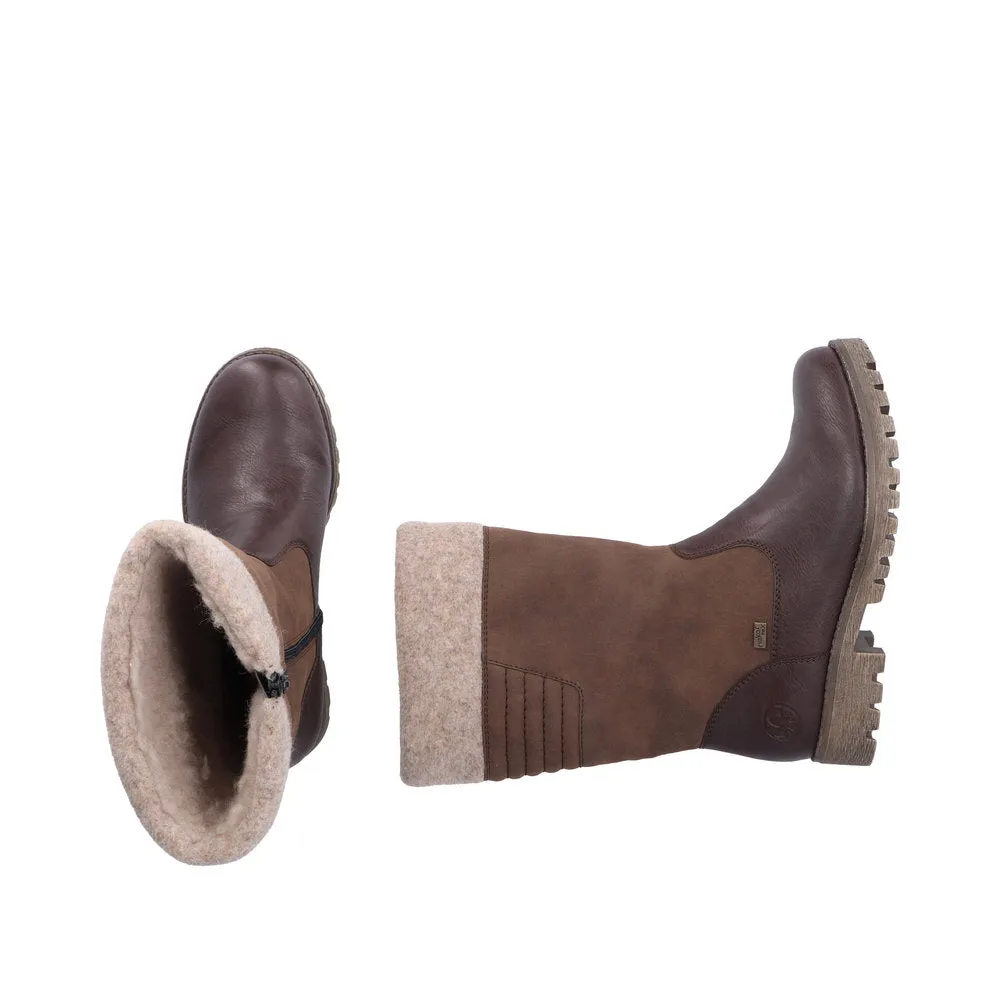 Rieker 78585-25 Ladies Havana Brown Water Resistant Side Zip Mid-Calf Boots