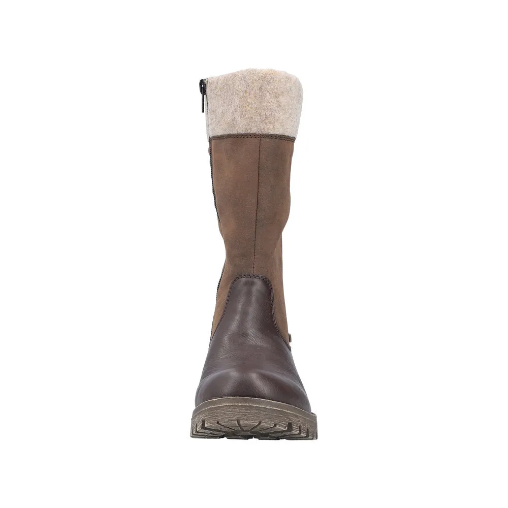 Rieker 78585-25 Ladies Havana Brown Water Resistant Side Zip Mid-Calf Boots