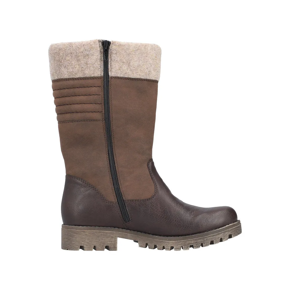 Rieker 78585-25 Ladies Havana Brown Water Resistant Side Zip Mid-Calf Boots