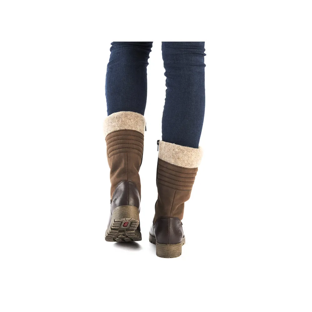 Rieker 78585-25 Ladies Havana Brown Water Resistant Side Zip Mid-Calf Boots