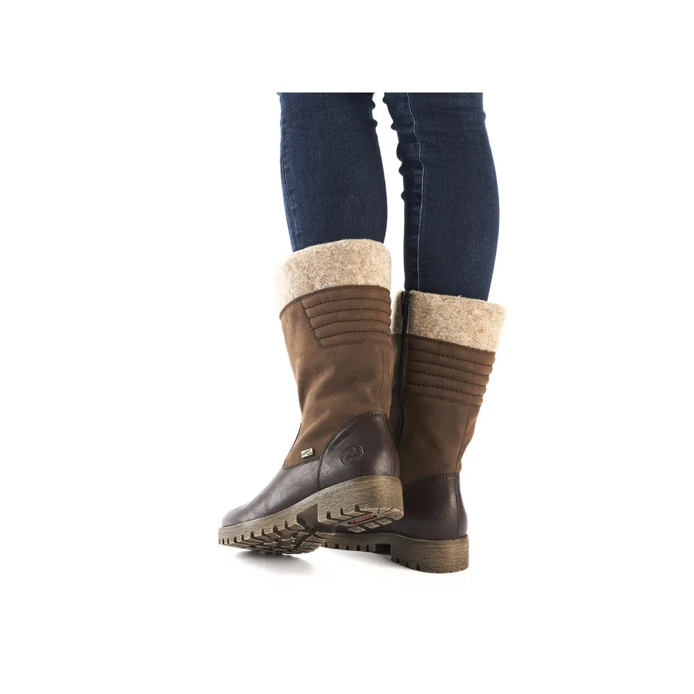 Rieker 78585-25 Ladies Havana Brown Water Resistant Side Zip Mid-Calf Boots